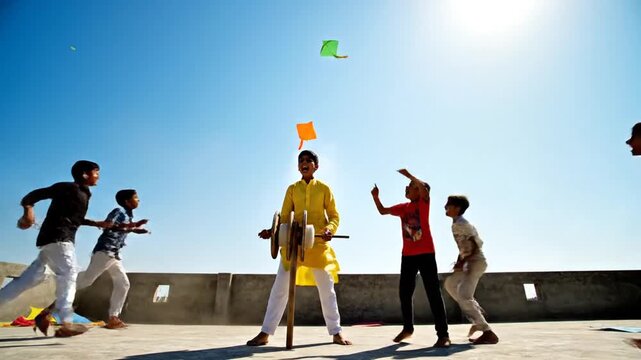 Boys Competing in Kite Battle on Makar Sankranti Festival