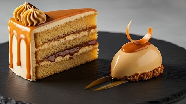 A visually appealing close-up shot of a gourmet dessert arrangement features a beautifully presented slice of layered cake alongside a smaller, exquisite pastry. Both treats are elegantly drizzled wit
