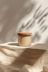 Skincare cosmetic jar mockup with natural wood lid