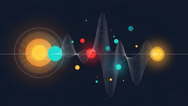 Abstract sound wave with glowing orbs and solar system motif audio music
