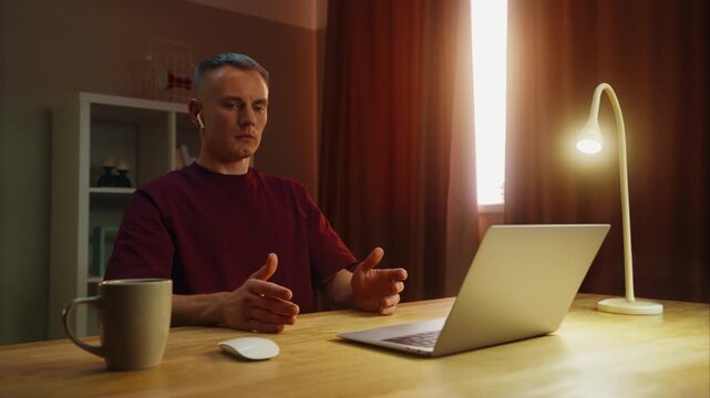 Man see middle finger remote, obscene hand fuck you off gesture from laptop screen. Person visit suspicious phishing scam website. Online gambling fail. Work failure. Funny joke, humor. Internet fraud