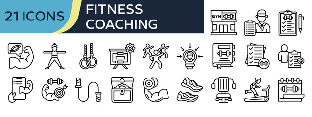 Collection of Fitness Coaching icons, related to Gym, Coach, Exercise, Health Check, Action Plan and more. Outline icons vector illustation.