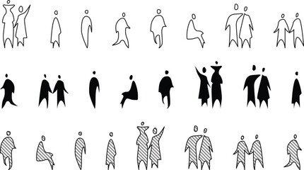 Vector, isolated silhouette of sitting standing people family and couples. Architectural People Sketch, Hand sketch different styles. Perfect for architectural plans, elevation, infographics