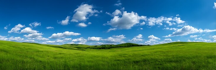 Obraz premium Panoramic View of Lush Green Rolling Hills and Meadow Under Dramatic Blue Sky with Cumulus Clouds