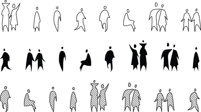 Vector, isolated silhouette of sitting standing people family and couples. Architectural People Sketch, Hand sketch different styles. Perfect for architectural plans, elevation, infographics