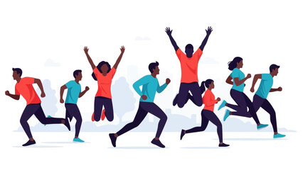 Diverse Group of People Running and Jumping Joyfully in Outdoor Setting