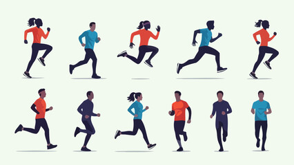 Diverse Group of People Running and Jumping in Dynamic Poses - Vector Art