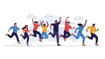 Diverse Group of People Running and Jumping Joyfully Together