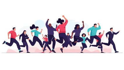 Diverse group of people running and jumping with joy, celebrating success and teamwork