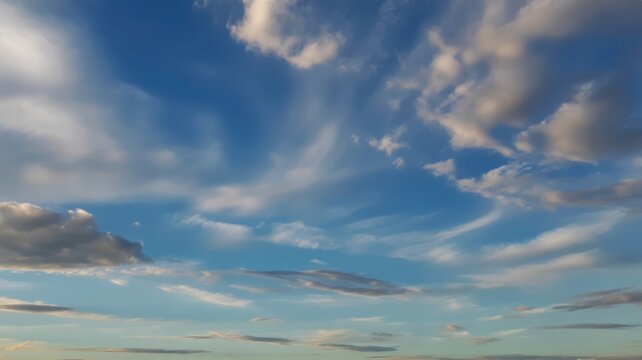 Wide angle view of blue sky with scattered white and grey clouds at sunset image