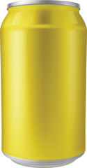 Aluminum drink can, vector realistic blank yellow metallic tin can drink beer, soda, water, juice package bottle mock up