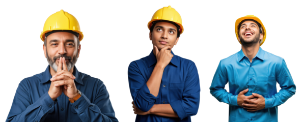 Portraits of three diverse male construction workers in yellow hard hats and blue shirts expressing different emotions: thoughtful, contemplative, and joyful, against a transparent background.