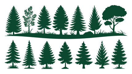 Obraz premium Green tree silhouettes set, forest and individual conifer plants Vector, illustration
