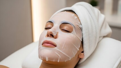 Woman enjoying a relaxing facial treatment with a sheet mask and towel