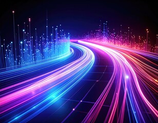 Digital art featuring a glowing highway curving with illuminated data columns and motion trails
