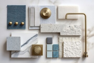 bathroom renovation moodboard with tile samples, faucet parts, marble