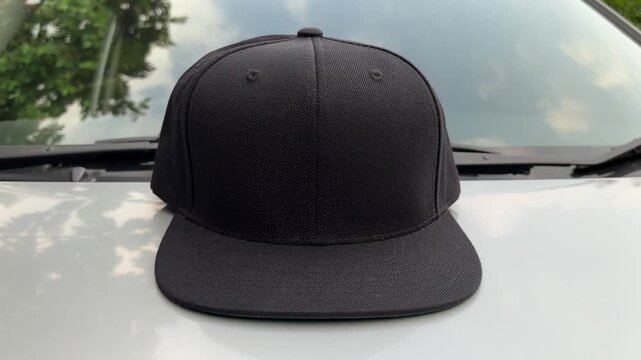Black baseball cap placed on a car hood with a smooth zoom-out camera movement, showing details of the hat and an outdoor background.