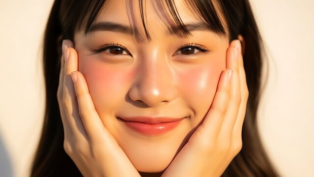 Young asian woman with glowing skin and hands on cheeks smiling