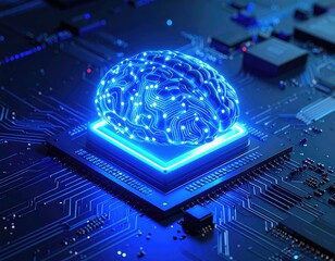 A luminous blue brain formed by circuits rests atop a central processor, symbolizing AI