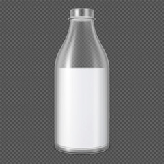 Realistic transparent plastic or glass bottle of milk, dairy liquid drink product package almost full vector mock up