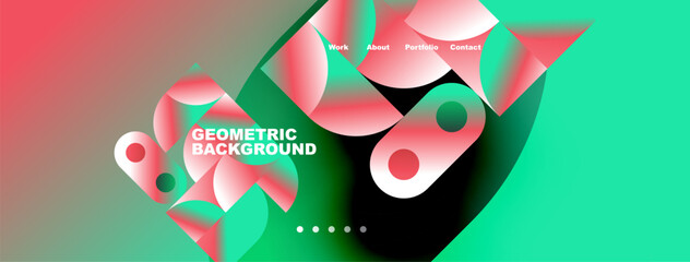 Abstract design features vibrant pink, green gradients. Geometric shapes overlap creating dynamic visual effect. Navigation menu present.