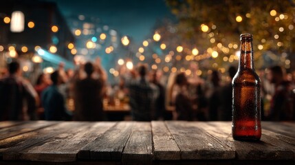 Vertical 9:16 bar scene with matte black table, warm festive string lights, nighttime terrace, blurred friends toasting beer bottles, joyful celebration, cinematic depth and mood.