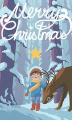 Christmas card, winter illustration with child and deer in the forest