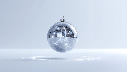 A Gleaming Silver Christmas Ornament Reflecting Light with a Subtle Glow on a White Background