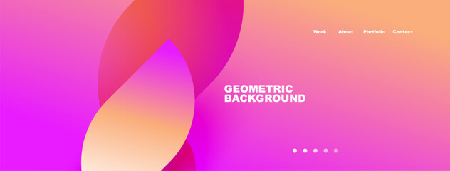 Abstract pink, orange gradients form fluid shapes. Text reads Geometric Background with navigation options above dots.