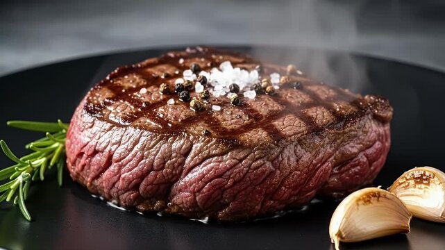 This appetizing close-up showcases a perfectly grilled and seasoned steak, gently steaming on a dark plate, emphasizing its freshness and deliciousness. Garnished with aromatic rosemary and rustic gar