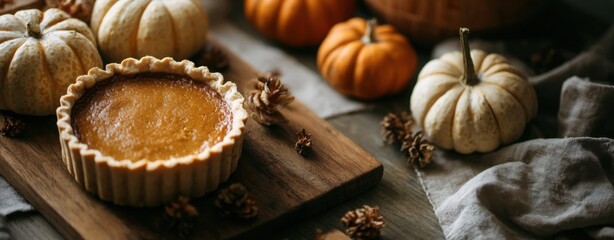 Dark Rustic Pumpkin Tarts on Wooden Board with Autumn Pumpkins in Background