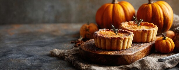 Rustic Dark Moody Pumpkin Tart with Mini Pumpkins and Autumn Decor