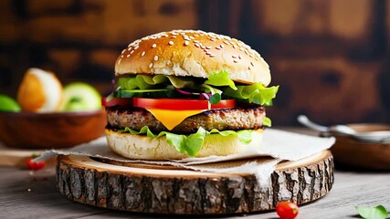 Close-up video of a juicy burger rotating on a wooden board under warm restaurant lighting. High-detail food shot for fast food, menu content, street food, and gourmet branding visuals.