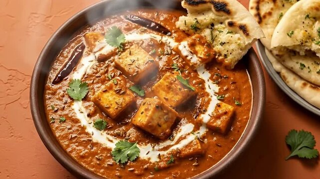 This close-up, top-down shot showcases a freshly prepared, steaming savory dish served in a rustic bowl. Golden cubes of soft, rich cheese are bathed in a vibrant, creamy red sauce, artfully garnished