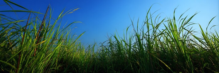 Fototapeta premium Lush Green Grass and Reeds Growing under Clear Vibrant Blue Sky in Wide Low Angle Panoramic View