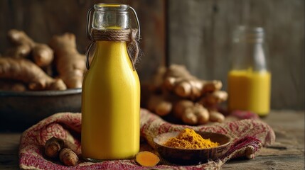 Vibrant yellow spiced beverage rests in a glass bottle surrounded by fresh roots and powdered seasoning.