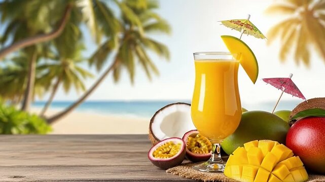 This vibrant scene captures the essence of a tropical escape, featuring a refreshing golden fruit drink served in an elegant glass, garnished with a decorative umbrella and a fresh mango slice. Arrang