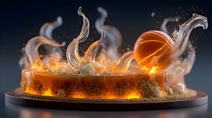Round Sphere with Orange Bands on Dessert with Transparent Streams