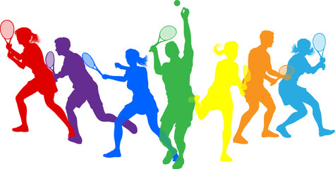 Fototapeta premium Silhouette Tennis players set. Active sports people healthy players fitness silhouettes concept.