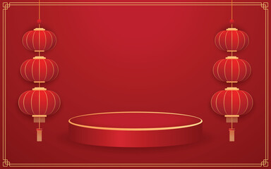 Happy Chinese new year 2026. Chinese new year banner for show product. Greeting card. China frame with lantern on red background.