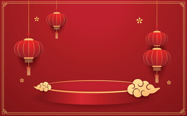 Happy Chinese new year 2026. Chinese new year banner for show product. Greeting card. China frame with lantern on red background.