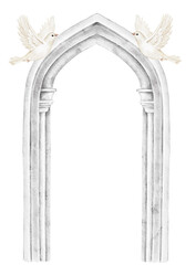 Marble arch with pointed top and two white doves perched above, watercolor illustration, perfect for religious invitations, memorial programs, spiritual greeting cards, or wedding remembrance layouts.