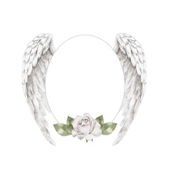 Obraz premium Memorial wreath frame with white angel wings, oval shape, and single white rose with green foliage, watercolor design for condolence templates, sympathy invitations, memorial cards, spiritual gifts