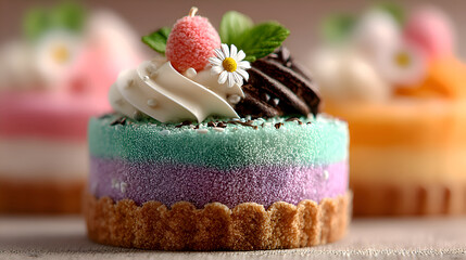 Colorful Frosted Cake with Toppings Close Up Dessert Treat