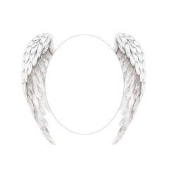 Obraz premium Watercolor oval frame with white angel wings, perfect memorial template for remembrance cards, tribute invitations, condolence souvenirs, photo decoration, or spiritual keepsake stationery design