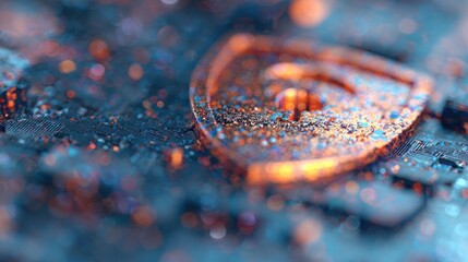 Close-up view of a digital shield symbol on a circuit board with colors