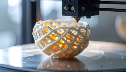 Close-up of a 3D printer creating a complex, latticed, spherical object