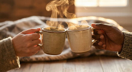 Cozy Valentine's Day: Diverse couple toasting with steaming mugs indoors, sharing warmth and affection