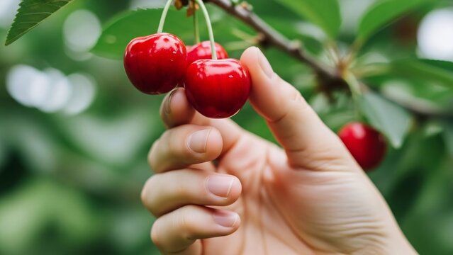 Hand picking fresh cherries from branch ripe red fruits ready to eat picking tasty sweet organic seasonal healthy snack summertime harvest
