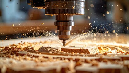Close-up of a machine with a sharp tip carving wood, generating sawdust and fine wood particles